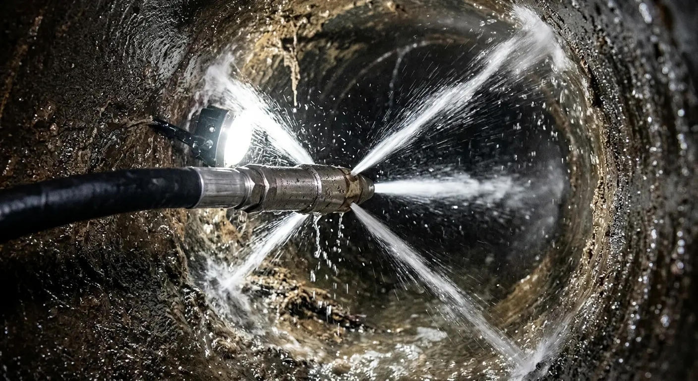 High-pressure hydro jetting nozzle cleaning sewer pipe for Emergency Drain Service in Foley