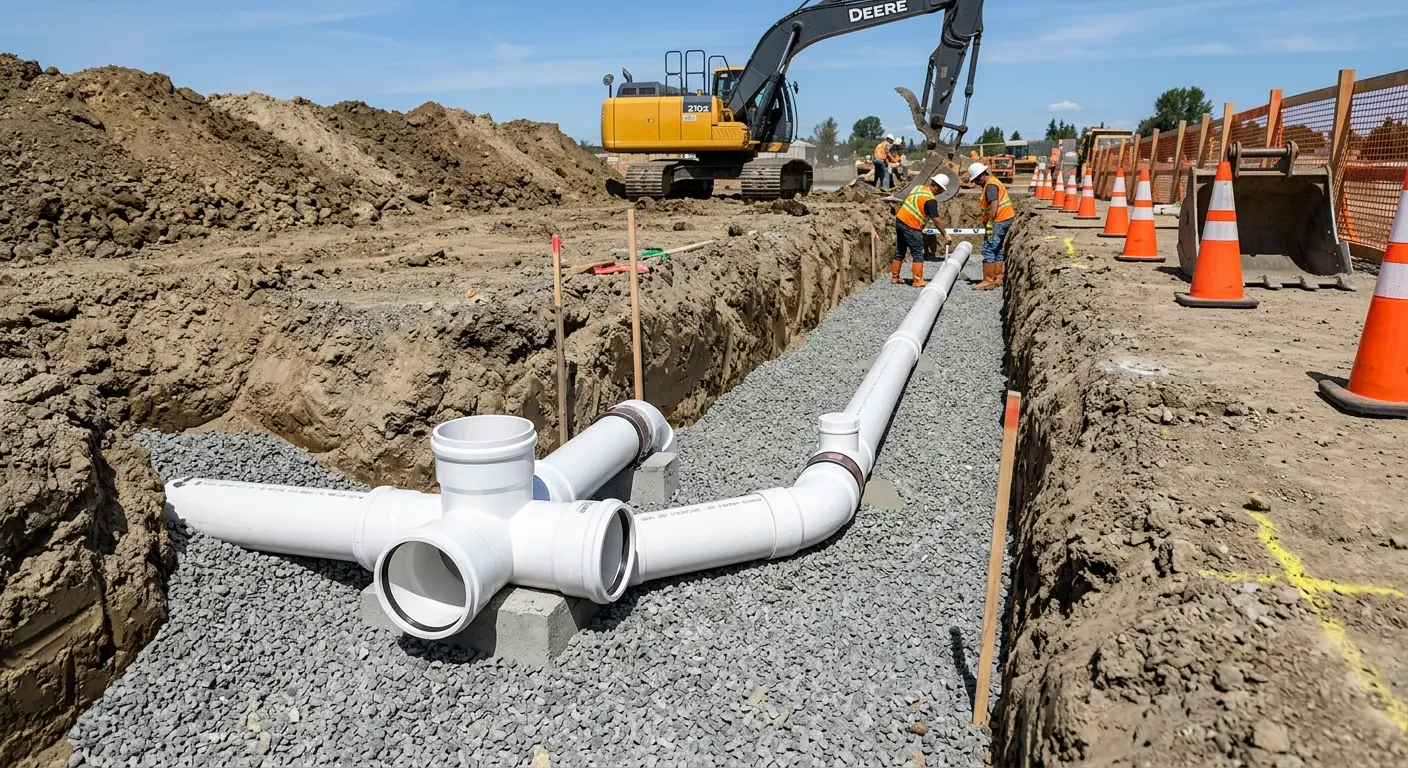New PVC sewer pipe installation in open trench for Sewer Backup in Foley
