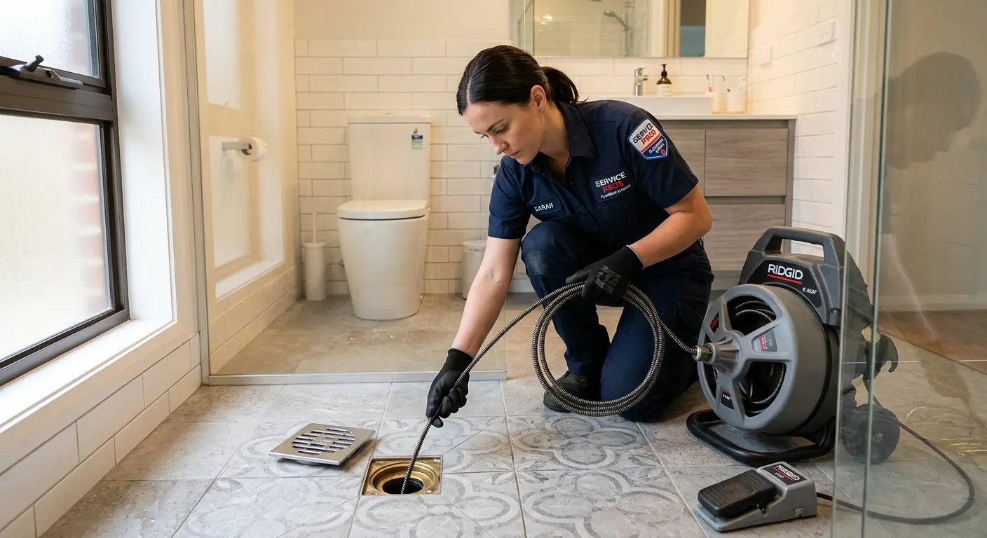 Technician clearing a bathroom floor drain for Hydro Jetting in Foley
